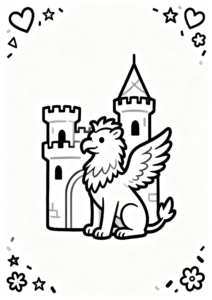 Friendly Griffin Sitting Beside a Castle Coloring Card coloring page