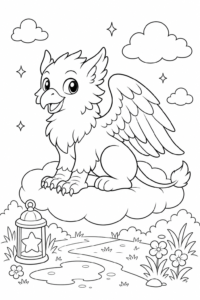 Friendly Griffin Sitting on a Cloud Coloring Page coloring page