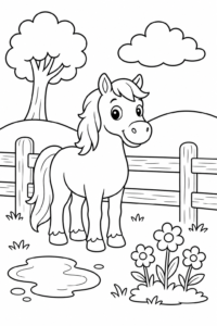 Friendly Horse Standing by a Fence Coloring Sheet coloring page