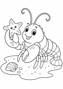 Friendly Lobster Holding a Starfish Printable Card coloring page