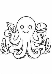 Friendly Octopus Holding Seashells Coloring Page coloring page