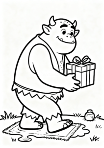 Friendly Ogre Carrying a Gift Box Printable Coloring Sheet coloring page