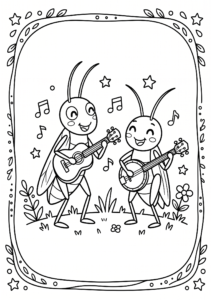 Grasshopper and Cricket Playing Music Coloring Sheet coloring page