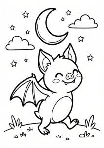 Happy Bat Flying Under the Moon Printable Coloring Sheet coloring page