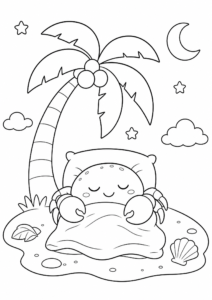 Happy Beach Crab Under a Palm Tree Coloring Page coloring page