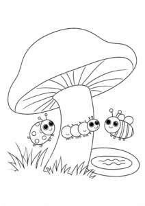 Happy Bugs Under a Giant Mushroom Printable Coloring Page coloring page