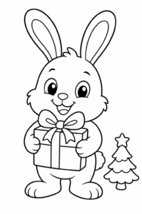 Happy Bunny Holding a Christmas Gift Coloring Card coloring page