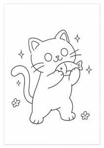 Happy Cat Holding a Tiny Fish Doodle Card coloring page