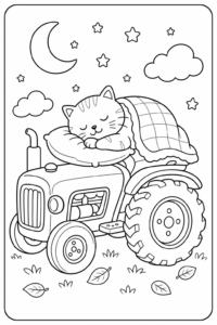 Happy Cat Sleeping on a Tractor Doodle Card coloring page