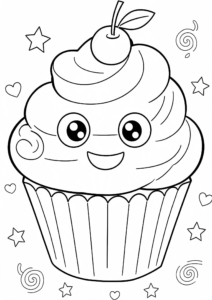 Happy Cupcake with a Cherry Coloring Page coloring page