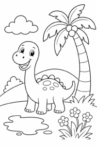 Happy Dinosaur Beside a Palm Tree Coloring Page coloring page