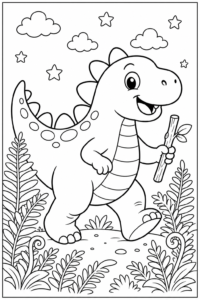 Happy Dinosaur Walking Through Ferns Printable Card coloring page