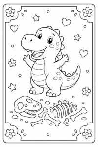 Happy Dinosaur with Simple Fossil Bones Coloring Sheet coloring page