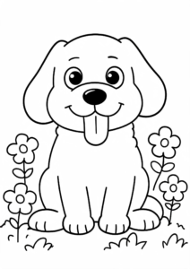 Happy Dog Sitting in a Flower Garden Doodle Card coloring page