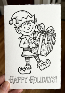Happy Elf Carrying a Gift Box Coloring Sheet coloring page
