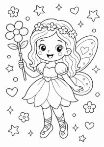 Happy Fairy Holding a Flower Wand Doodle Page coloring page