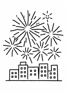 Happy Fireworks Over a City Doodle Card coloring page