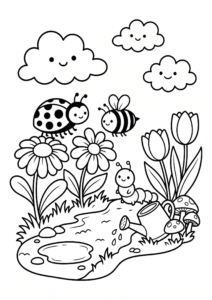 Happy Garden Bugs with Flowers and Clouds Coloring Page coloring page