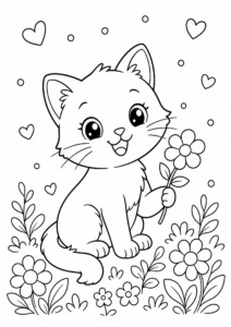 Happy Kitten Holding a Flower Doodle Card coloring page