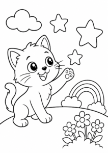 Happy Kitten Playing with Stars Printable Coloring Page coloring page