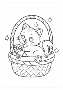Happy Kitten Sitting in a Flower Basket Coloring Page coloring page