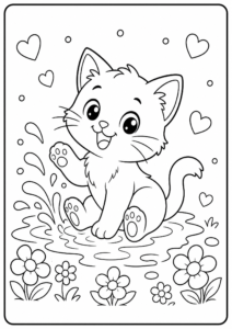 Happy Kitten Splashing in Puddles Printable Coloring Sheet coloring page