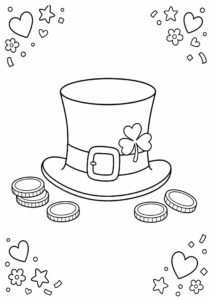 Happy Leprechaun Hat with Gold Coins Doodle Card coloring page