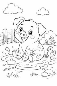 Happy Pig Sitting in a Mud Puddle Coloring Page coloring page