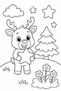 Happy Reindeer Holding a Star Coloring Sheet coloring page