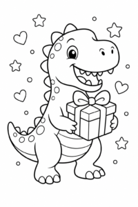 Happy T Rex Holding a Gift Box Coloring Page coloring page