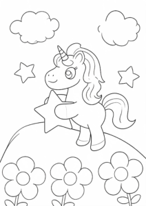 Happy Unicorn Holding a Magic Star Coloring Page coloring page
