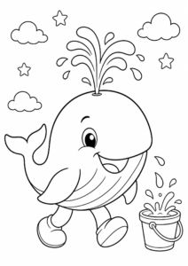 Happy Whale Spraying Water Coloring Page coloring page