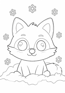 Happy Winter Fox Sitting in Snow Coloring Card coloring page