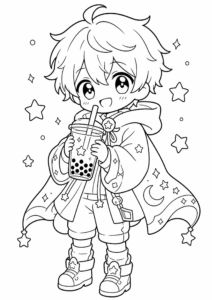 Kawaii Anime Boy Holding a Bubble Tea coloring page