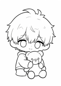 Kawaii Anime Boy Holding a Teddy Bear coloring page