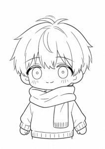 Kawaii Anime Boy Wearing a Winter Scarf coloring page