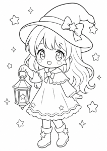 Kawaii Anime Girl Holding a Little Lantern coloring page
