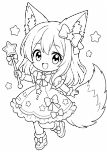 Kawaii Anime Girl with Fluffy Fox Ears coloring page