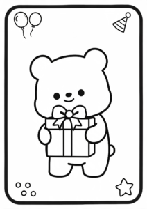 Little Bear Holding a Birthday Gift Printable Card coloring page