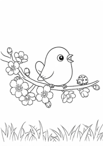 Little Bird Singing on a Cherry Blossom Branch Printable Card coloring page
