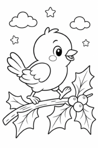 Little Bird Sitting on a Holly Branch Doodle Card coloring page