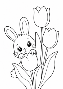 Little Bunny Peeking Behind Tulips Printable Card coloring page
