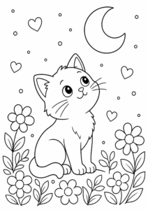 Little Cat Looking at the Moon Printable Card coloring page