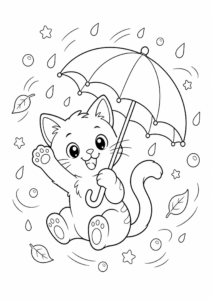Little Cat Sitting Under an Umbrella Printable Coloring Sheet coloring page
