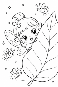 Little Fairy Flying with Fireflies Coloring Card coloring page