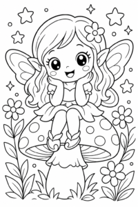 Little Fairy Sitting on a Mushroom Coloring Page coloring page
