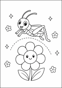 Little Grasshopper Jumping Over Flowers Doodle Card coloring page