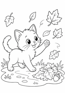 Little Kitten Playing with Leaves Doodle Page coloring page