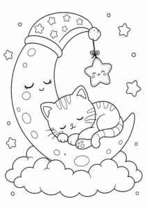 Little Kitten Sleeping on a Moon Printable Coloring Sheet coloring page