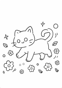 Little Kitten Walking Through Flowers Doodle Card coloring page